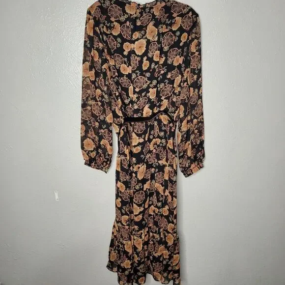NWT Estelle Womens 1X Golden Blooms Shift Dress Floral Long Sleeve Belted Black - Picture 4 of 12